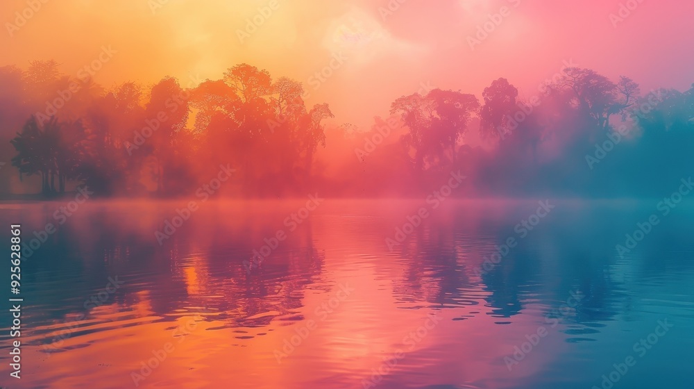 Fototapeta premium Silhouetted Trees Reflecting in a Misty Lake at Sunset