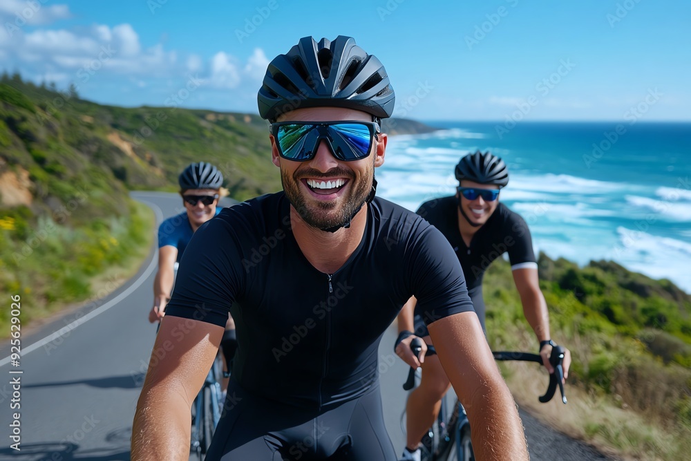 Group of male cyclists enjoying a scenic ocean ride on a sunny day, wearing helmets and sunglasses, with the sea in the background. Group of male cyclists enjoying a scenic ocean ride on a sunny day, wearing helmets and sunglasses, with the sea in the background.