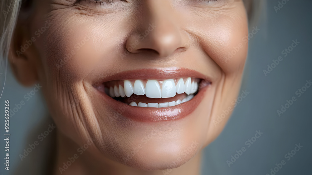 Close-up of a smiling woman showcasing her teeth and lips. Close-up of a smiling woman showcasing her teeth and lips.