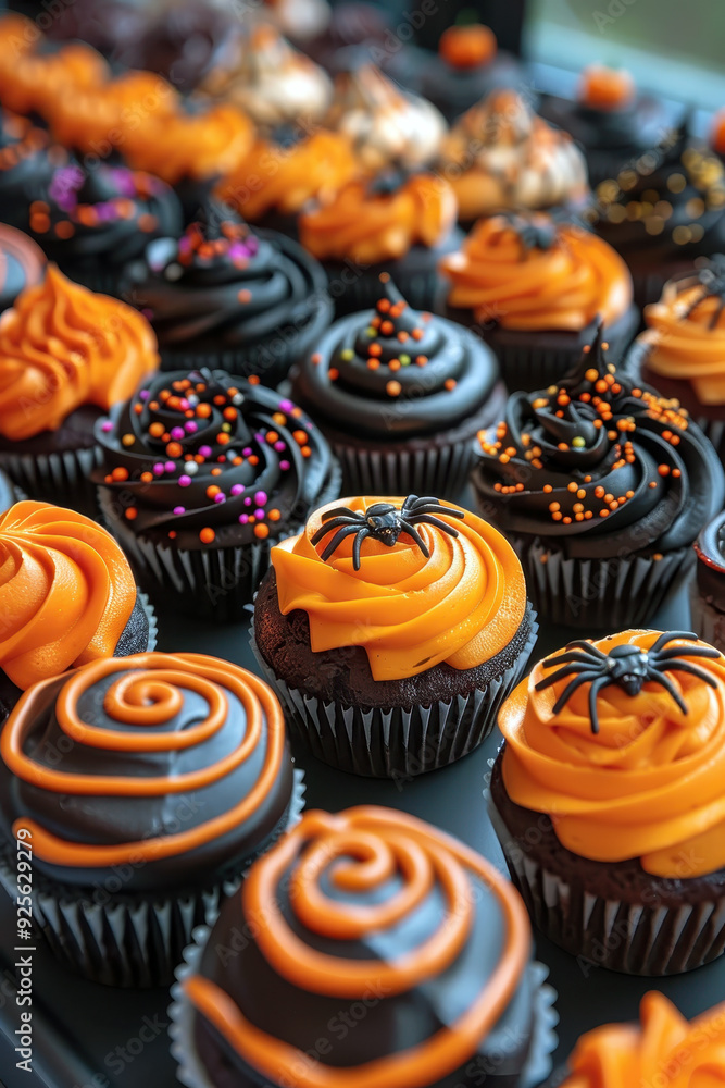 A tray of Halloween cupcakes with orange and black frosting A tray of Halloween cupcakes with orange and black frosting