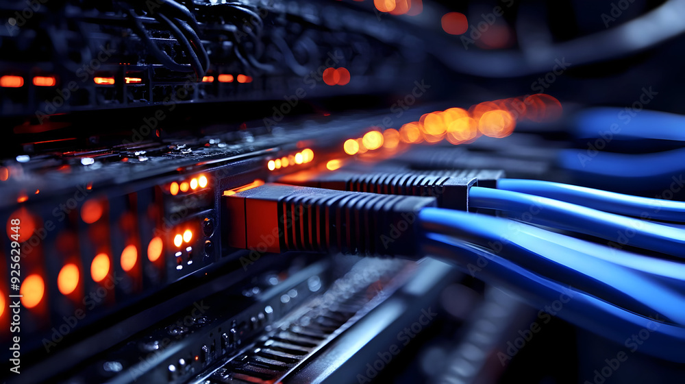 Close-up of network cables and illuminated server ports. Close-up of network cables and illuminated server ports.