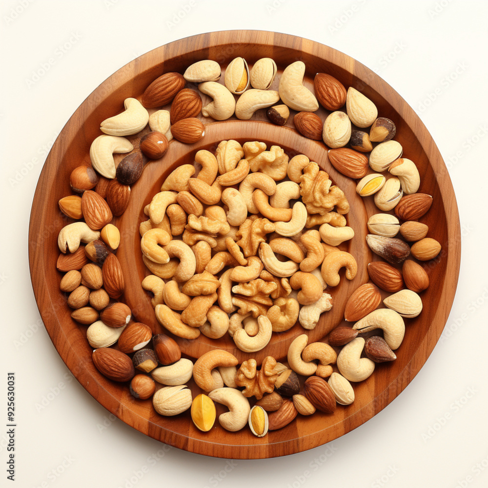 Top view, wooden plate containing a lot of pistachios, walnuts, pecan nuts, bright light, white background Top view, wooden plate containing a lot of pistachios, walnuts, pecan nuts, bright light, white background