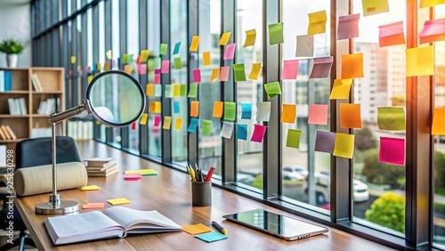 A colorful sticky note timeline on a glass wall tracks progress, with magnifying glasses, books, and a laptop, surrounded by a cluttered office background. photo