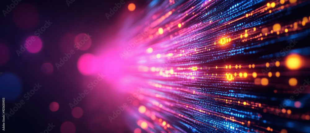Naklejka premium Abstract image of colorful light trails moving towards the bright pink center, representing data streaming and technology.