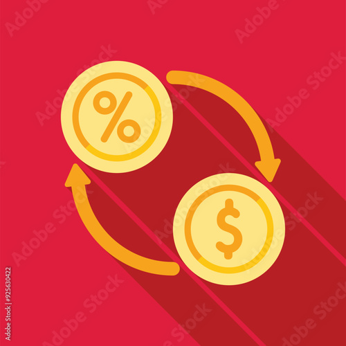 Currency exchange showing percentage converting to dollar with arrows on red background