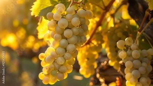 A vibrant cluster of grapes hanging from a vine, representing the rich harvest of a vineyard, with lush green leaves and ripe fruit.