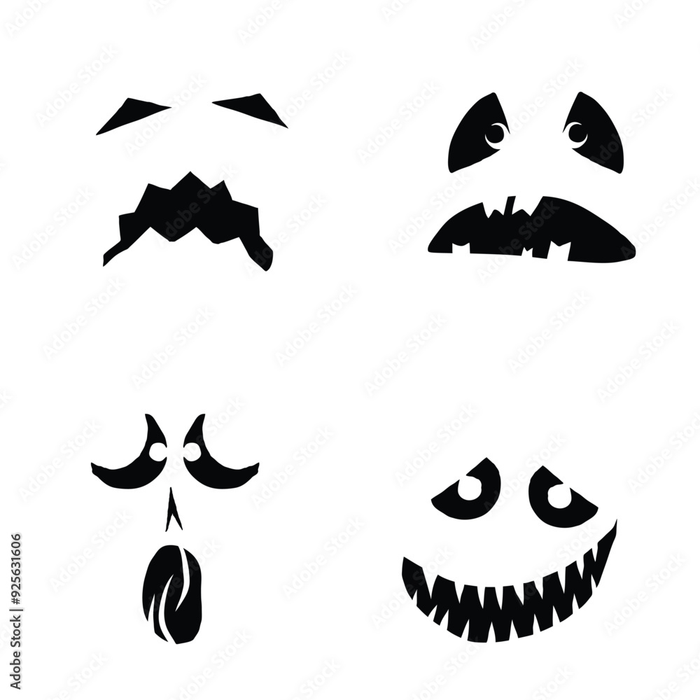 Monsters and creatures pumpkin carving templates emotion faces for Halloween Holidays. Cartoon faces, expressive eyes and mouth, smiling, crying face expressions. Caricature doodle. Isolated Vector. Monsters and creatures pumpkin carving templates emotion faces for Halloween Holidays. Cartoon faces, expressive eyes and mouth, smiling, crying face expressions. Caricature doodle. Isolated Vector.