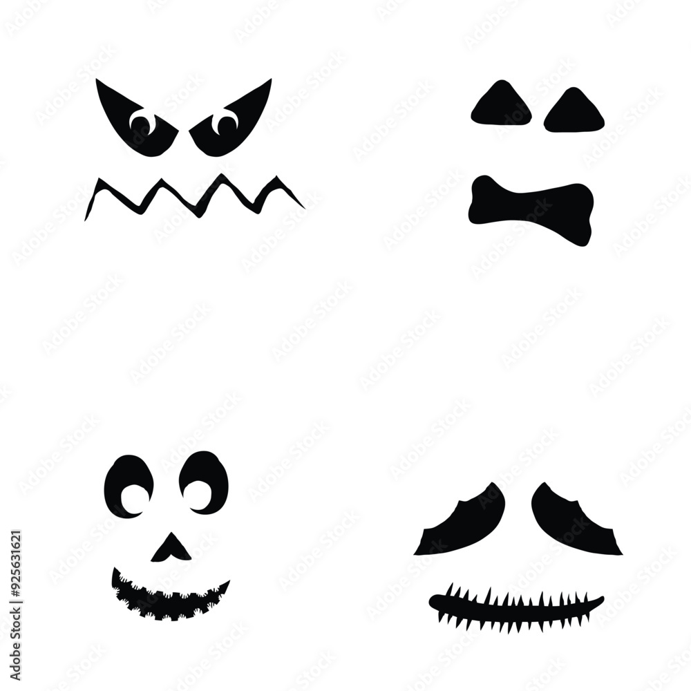 Halloween set of monsters characters silhouettes for carving and cut out creation. Halloween faces emotions collection, shapes, eyes, noses, mouth, teeth, fangs, emotions, creepy and spooky. Vector. Halloween set of monsters characters silhouettes for carving and cut out creation. Halloween faces emotions collection, shapes, eyes, noses, mouth, teeth, fangs, emotions, creepy and spooky. Vector.