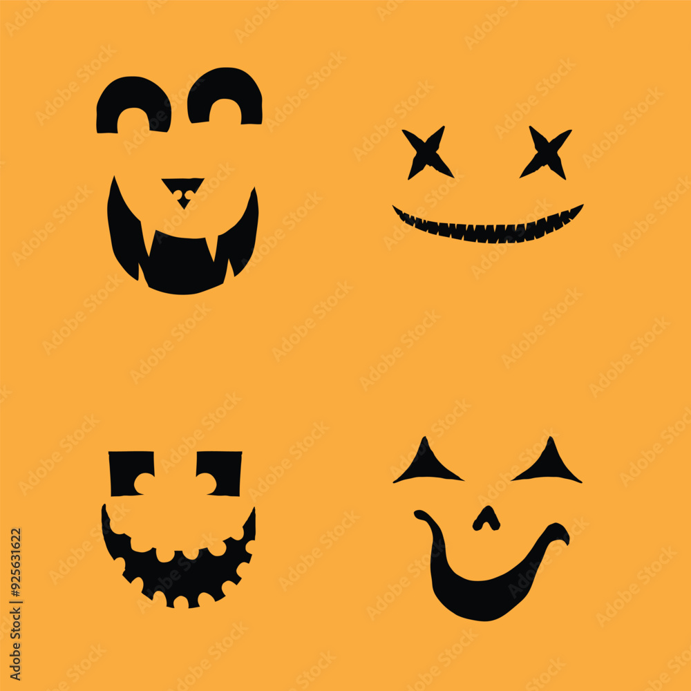 Halloween set of monsters characters silhouettes for carving and cut out creation. Halloween faces emotions collection, shapes, eyes, noses, mouth, teeth, fangs, emotions, creepy and spooky. Vector. Halloween set of monsters characters silhouettes for carving and cut out creation. Halloween faces emotions collection, shapes, eyes, noses, mouth, teeth, fangs, emotions, creepy and spooky. Vector.