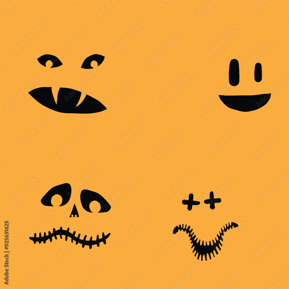 Monsters and creatures carving templates emotion face for Halloween Holidays. Cartoon faces, expressive eyes and mouth, smiling, crying face expressions. Caricature doodle. Isolated Vector. Monsters and creatures carving templates emotion face for Halloween Holidays. Cartoon faces, expressive eyes and mouth, smiling, crying face expressions. Caricature doodle. Isolated Vector.