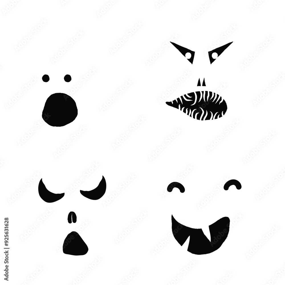Monsters and creatures pumpkin carving templates emotion faces for Halloween Holidays. Cartoon faces, expressive eyes and mouth, smiling, crying face expressions. Caricature doodle. Isolated Vector. Monsters and creatures pumpkin carving templates emotion faces for Halloween Holidays. Cartoon faces, expressive eyes and mouth, smiling, crying face expressions. Caricature doodle. Isolated Vector.