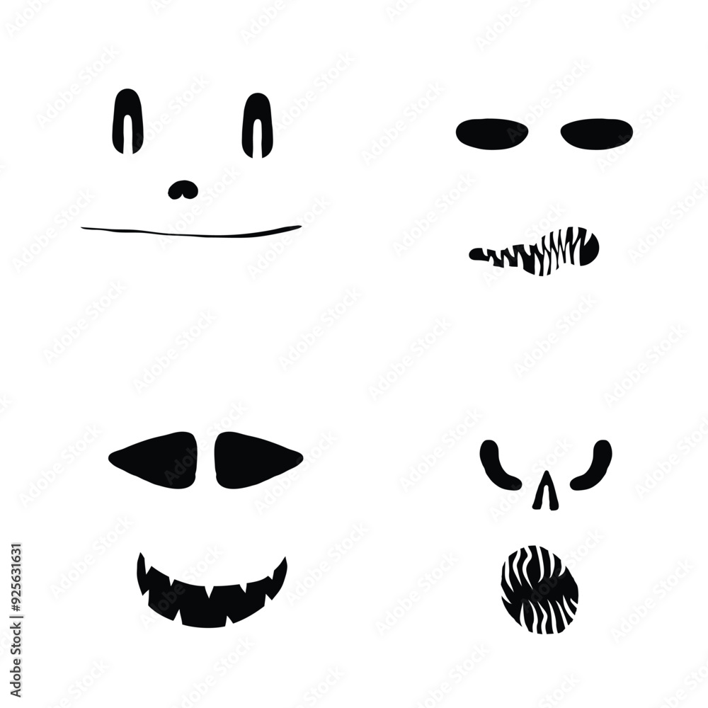 Monsters and creatures pumpkin carving templates emotion faces for Halloween Holidays. Cartoon faces, expressive eyes and mouth, smiling, crying face expressions. Caricature doodle. Isolated Vector. Monsters and creatures pumpkin carving templates emotion faces for Halloween Holidays. Cartoon faces, expressive eyes and mouth, smiling, crying face expressions. Caricature doodle. Isolated Vector.