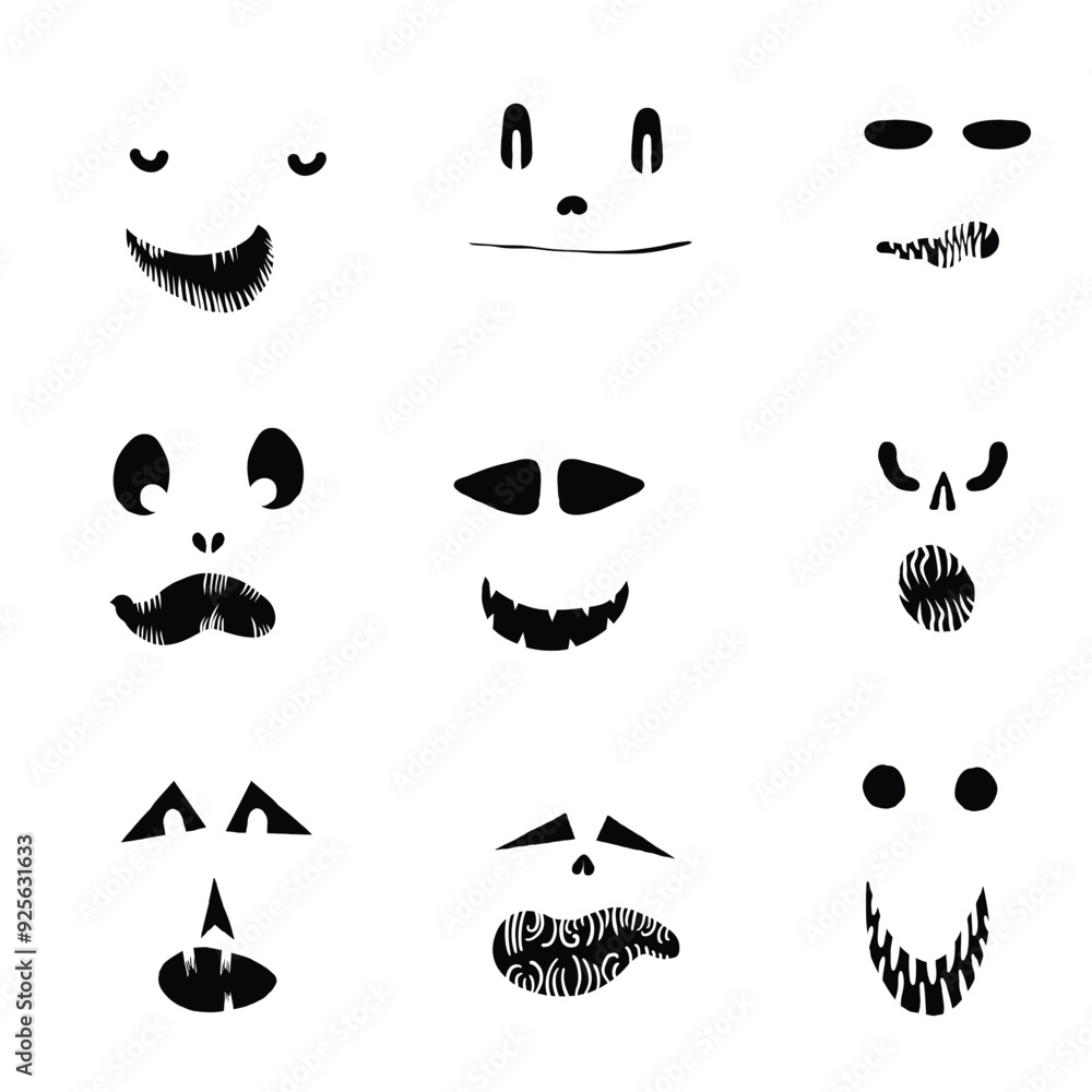 Monsters and creatures carving templates emotion face for Halloween Holidays. Cartoon faces, expressive eyes and mouth, smiling, crying face expressions. Caricature doodle. Isolated Vector. Monsters and creatures carving templates emotion face for Halloween Holidays. Cartoon faces, expressive eyes and mouth, smiling, crying face expressions. Caricature doodle. Isolated Vector.