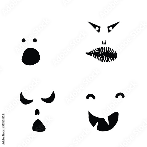 Monsters and creatures pumpkin carving templates emotion faces for Halloween Holidays. Cartoon faces, expressive eyes and mouth, smiling, crying face expressions. Caricature doodle. Isolated Vector.