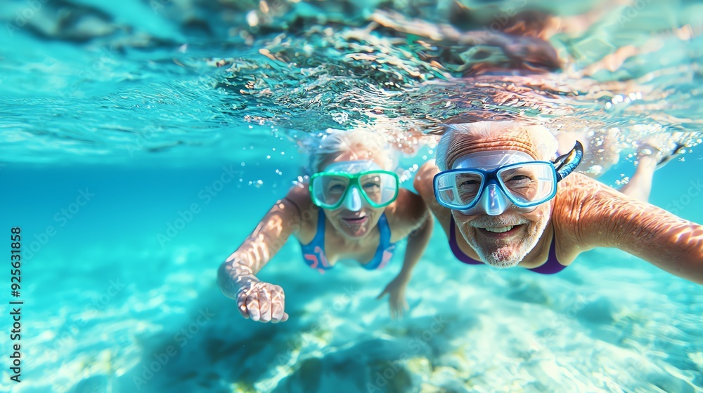 Naklejka premium Two happy seniors enjoying snorkeling underwater in a vibrant ocean, capturing memories and embracing adventure.