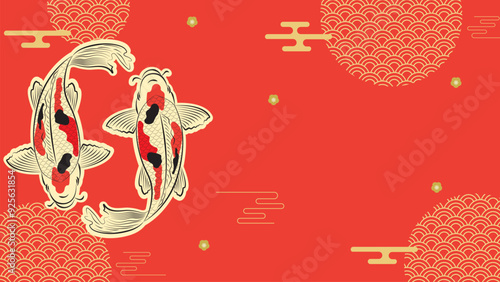 Japanese koi fish drawing illustration isolated in background with blank space, koi fish drawing line