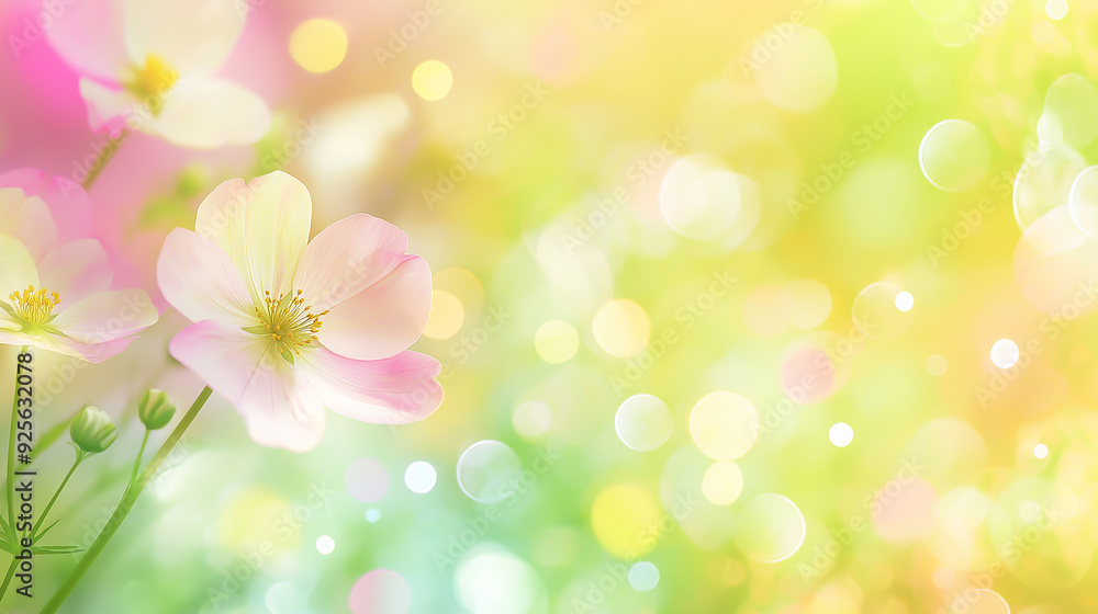 summer flowers on Blurred background with soft pastel colors, bokeh effect, pink green yellow white summer flowers on Blurred background with soft pastel colors, bokeh effect, pink green yellow white