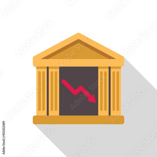 Illustration of a bank going bankrupt with a red arrow pointing down representing financial crisis
