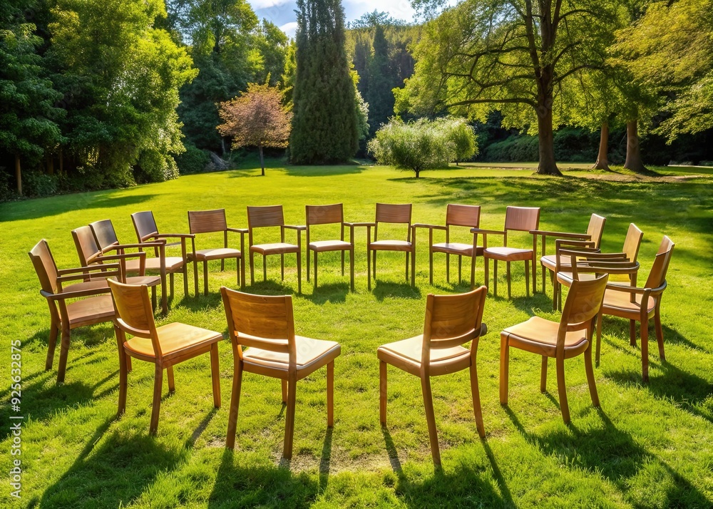 A harmonious arrangement of empty chairs forms a circular pattern, evoking a sense of community and unity in a serene, natural outdoor setting. A harmonious arrangement of empty chairs forms a circular pattern, evoking a sense of community and unity in a serene, natural outdoor setting.