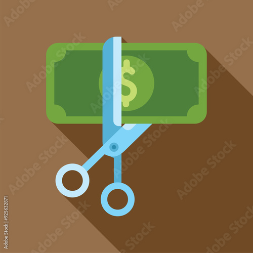 Pair of scissors is cutting a dollar bill in half, depicting the concept of budget cuts