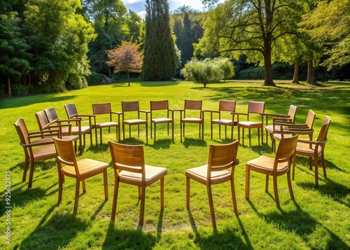 A harmonious arrangement of empty chairs forms a circular pattern, evoking a sense of community and unity in a serene, natural outdoor setting.