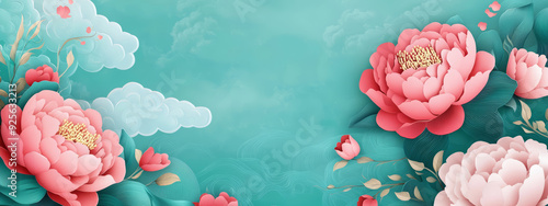 Peony flowers background with auspicious clouds. Chinese mid autumn festival photo