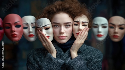 Role selection: person examines masks emotions, assessing which expression best fits their current psychological state, struggle between true self, adopted facades in different social contexts.