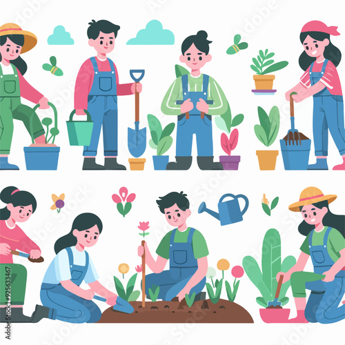 A group of people are working in a garden, with some of them holding shovels and watering cans. Scene is cheerful and positive, as the people are enjoying their time outdoors