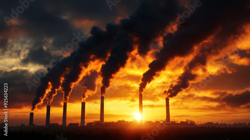 A dramatic sunset over industrial chimneys releasing smoke into the sky, highlighting environmental pollution and climate change.