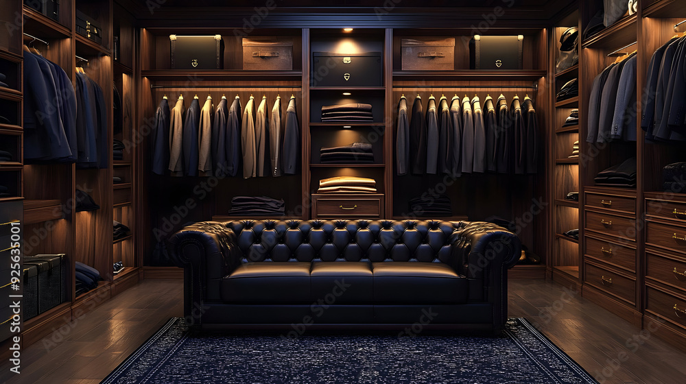 Elegant wardrobe with tailored suits and a stylish couch. Elegant wardrobe with tailored suits and a stylish couch.