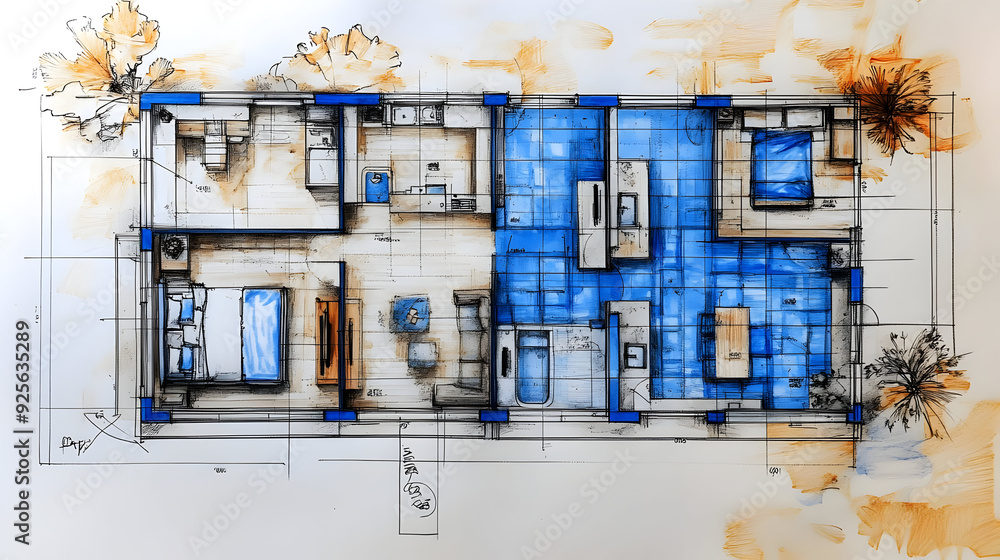 Floor plan sketch of a modern residential layout. Stock Illustration ...