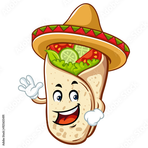 Cartoon Burrito Waving with Sombrero