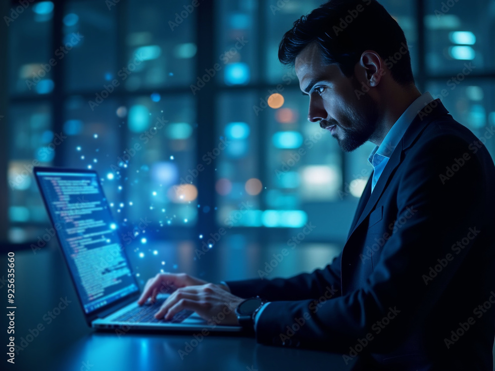 A white professional using a laptop in a high-tech environment with holographic displays, fiber optics, and co-workers in the background. A white professional using a laptop in a high-tech environment with holographic displays, fiber optics, and co-workers in the background.