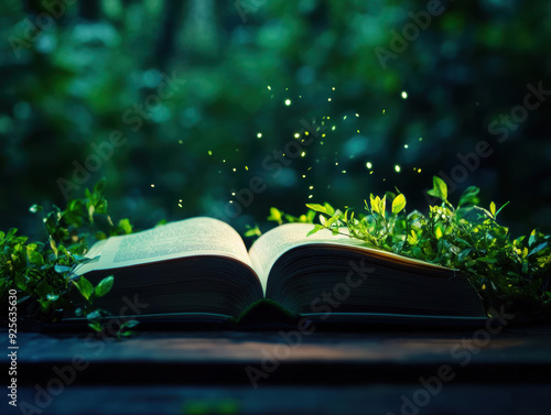 A magical open book surrounded by lush greenery with glowing particles, symbolizing the enchantment of nature and knowledge. photo