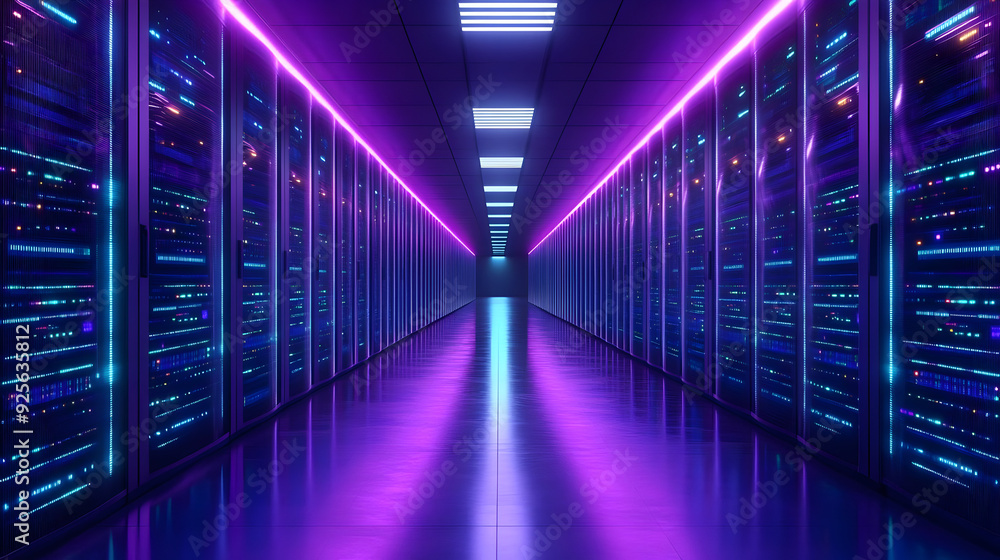 Futuristic data center corridor with neon lighting. Futuristic data center corridor with neon lighting.