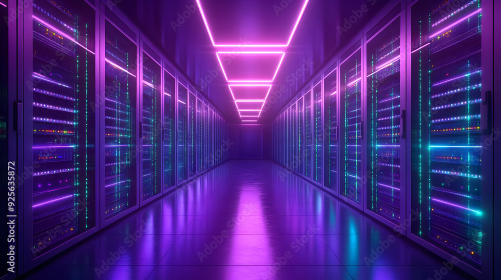 Futuristic data center with neon lighting and server racks. Futuristic data center with neon lighting and server racks.