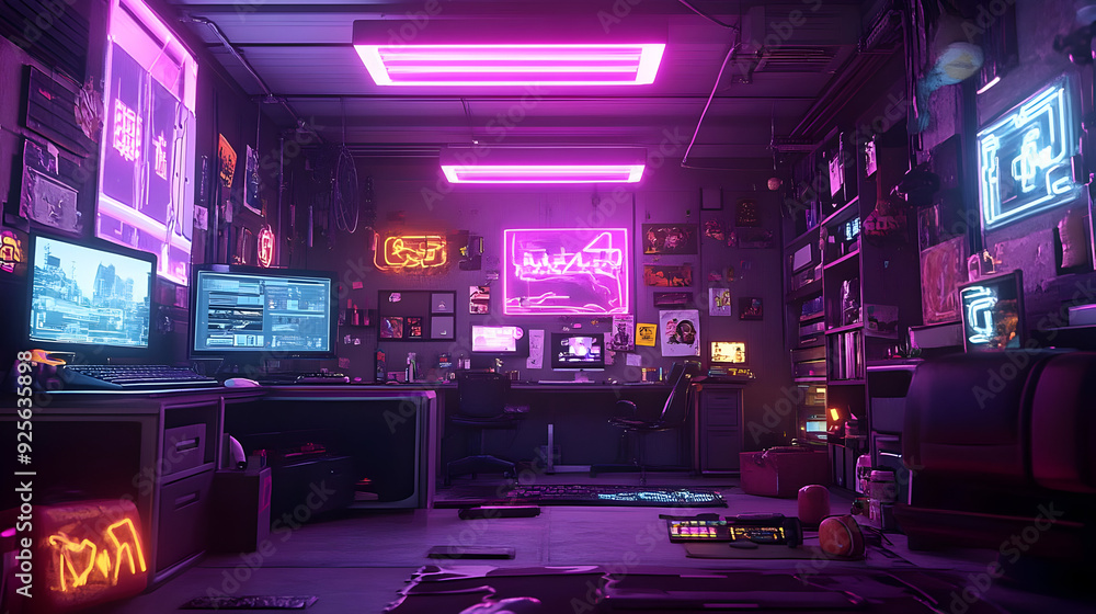 Futuristic gaming room with neon lights and multiple screens. Futuristic gaming room with neon lights and multiple screens.