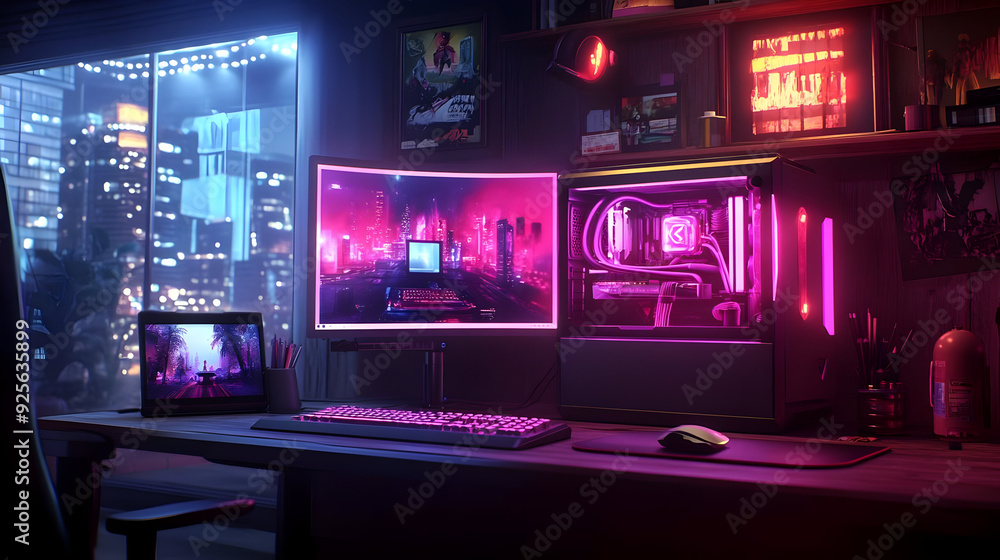 Futuristic gaming setup with neon lights and modern technology. Futuristic gaming setup with neon lights and modern technology.