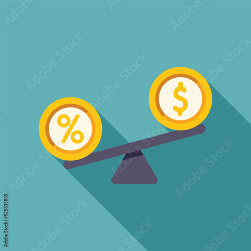 Seesaw balancing percentage symbol with dollar sign coin on turquoise background