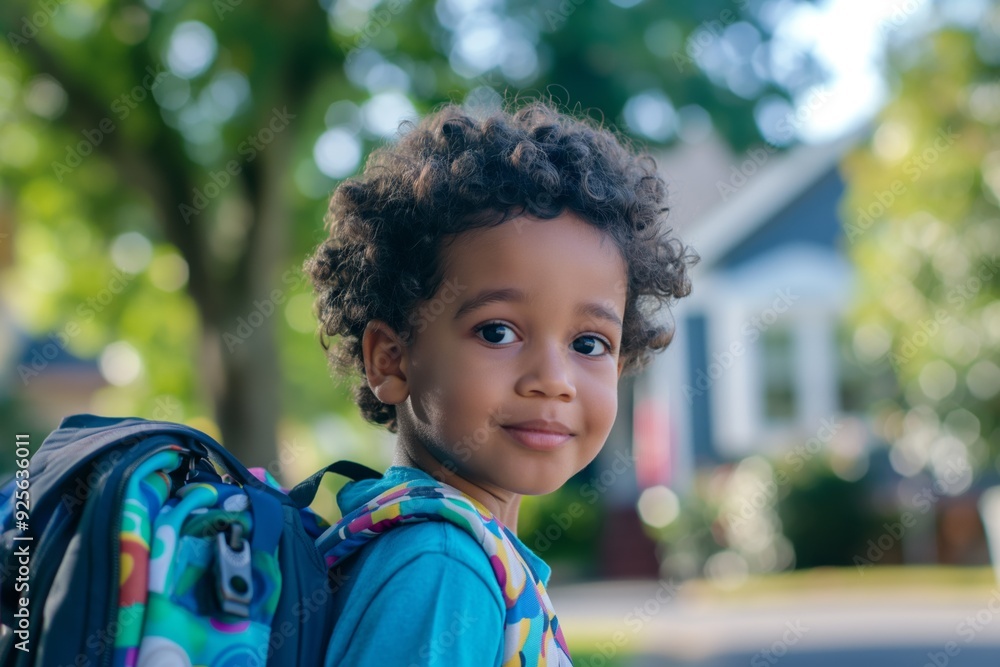 Curly-haired boy with a backpack, house in the background, warm morning. Curly-haired boy with a backpack, house in the background, warm morning.