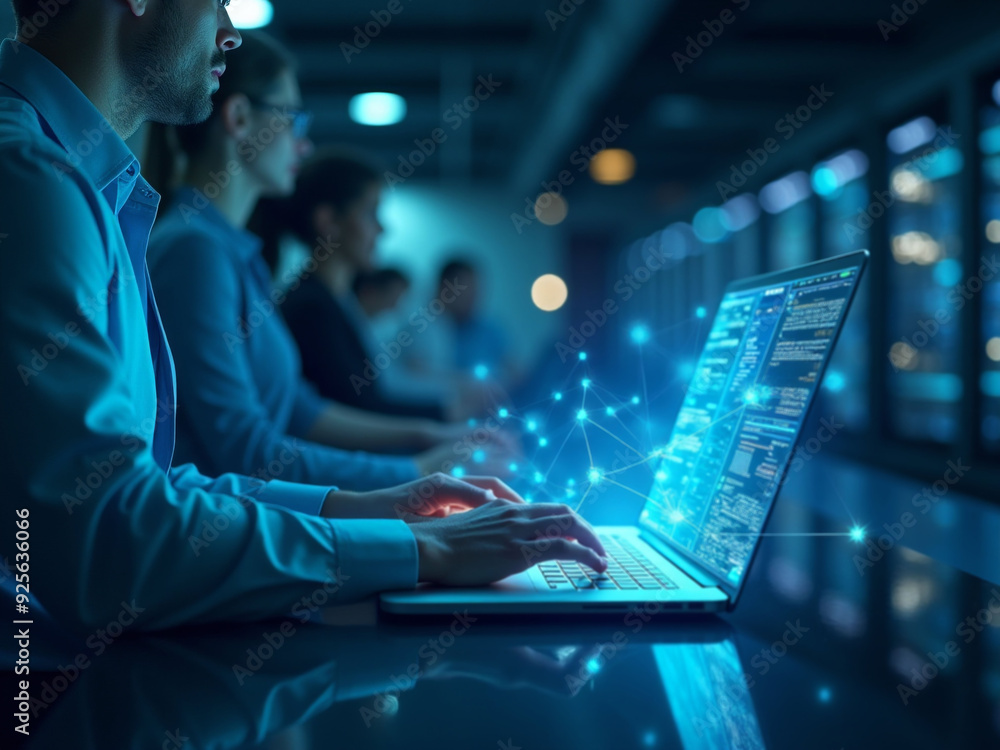 A white professional using a laptop in a high-tech environment with holographic displays, fiber optics, and co-workers in the background. A white professional using a laptop in a high-tech environment with holographic displays, fiber optics, and co-workers in the background.