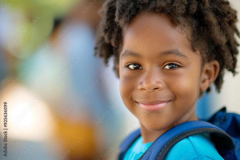 Smiling curly-haired boy with backpack, sunny street scene. Smiling curly-haired boy with backpack, sunny street scene.
