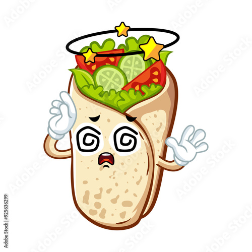 Cartoon Illustration of a dizzy burrito with stars and spiral eyes.