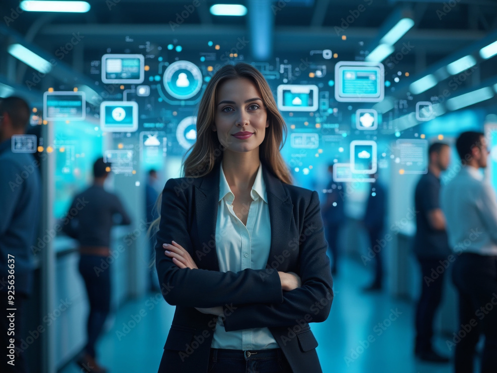 Confident woman with arms crossed in a high-tech office, using a laptop with holographic displays and busy technology backdrop. Confident woman with arms crossed in a high-tech office, using a laptop with holographic displays and busy technology backdrop.