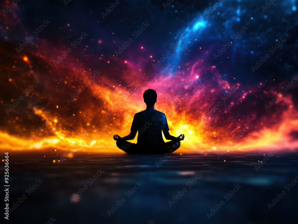 A serene silhouette meditates in a cosmic landscape, surrounded by vibrant colors and celestial light, representing inner peace and spirituality. A serene silhouette meditates in a cosmic landscape, surrounded by vibrant colors and celestial light, representing inner peace and spirituality.
