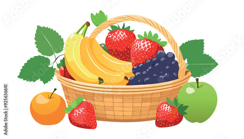 fruit basket with bananas, grapes, strawberries and oranges