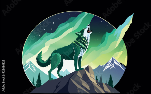 wolf on the mountain with northern lights