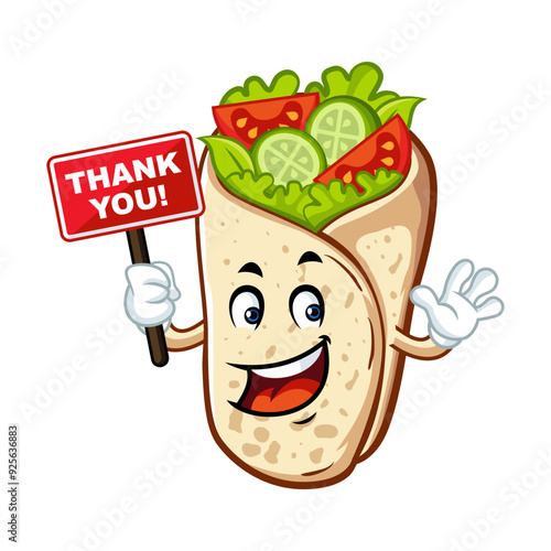 Happy cartoon shawarma wrap holding a thank you sign. Perfect for restaurant menus and promotions.
