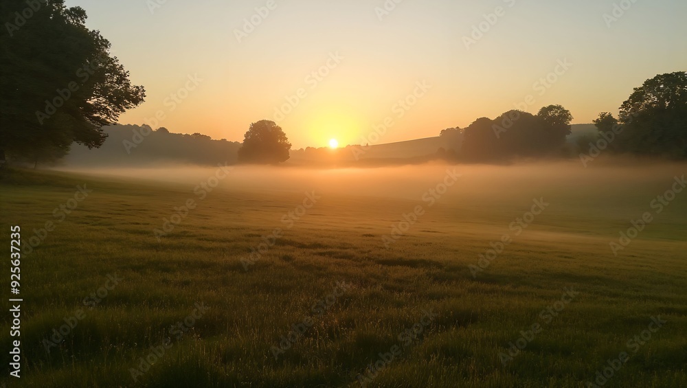 A Serene Golden Sunrise Illuminates the Misty Fields, Capturing Nature's Tranquility and the Promise of a New Day, Evoking Feelings of Peace and Hope in the Early Hours. A Serene Golden Sunrise Illuminates the Misty Fields, Capturing Nature's Tranquility and the Promise of a New Day, Evoking Feelings of Peace and Hope in the Early Hours.