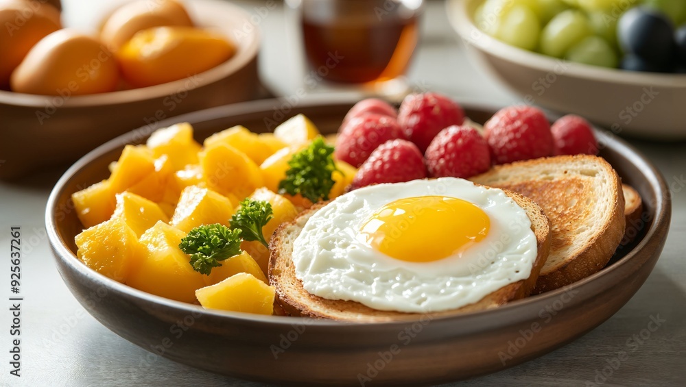 A Vibrant Morning Delight: A Plate Filled with Fresh Fruits, Sunny-Side Up Egg, and Toast that Invites You to Enjoy an Energizing and Nutritious Breakfast Experience A Vibrant Morning Delight: A Plate Filled with Fresh Fruits, Sunny-Side Up Egg, and Toast that Invites You to Enjoy an Energizing and Nutritious Breakfast Experience